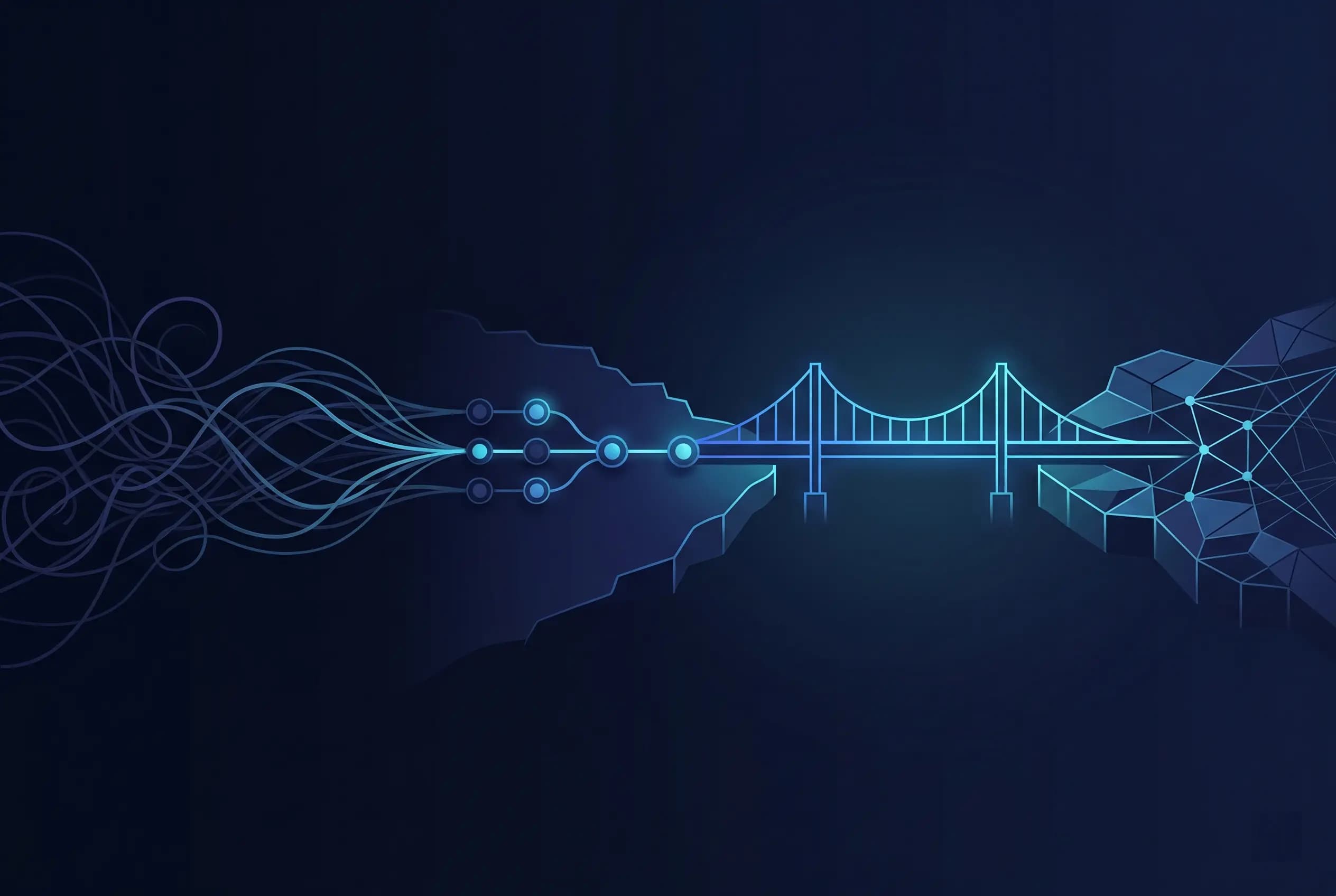 Symbolic path from classical process to AI-capable workflows with smooth arcs linking stages.