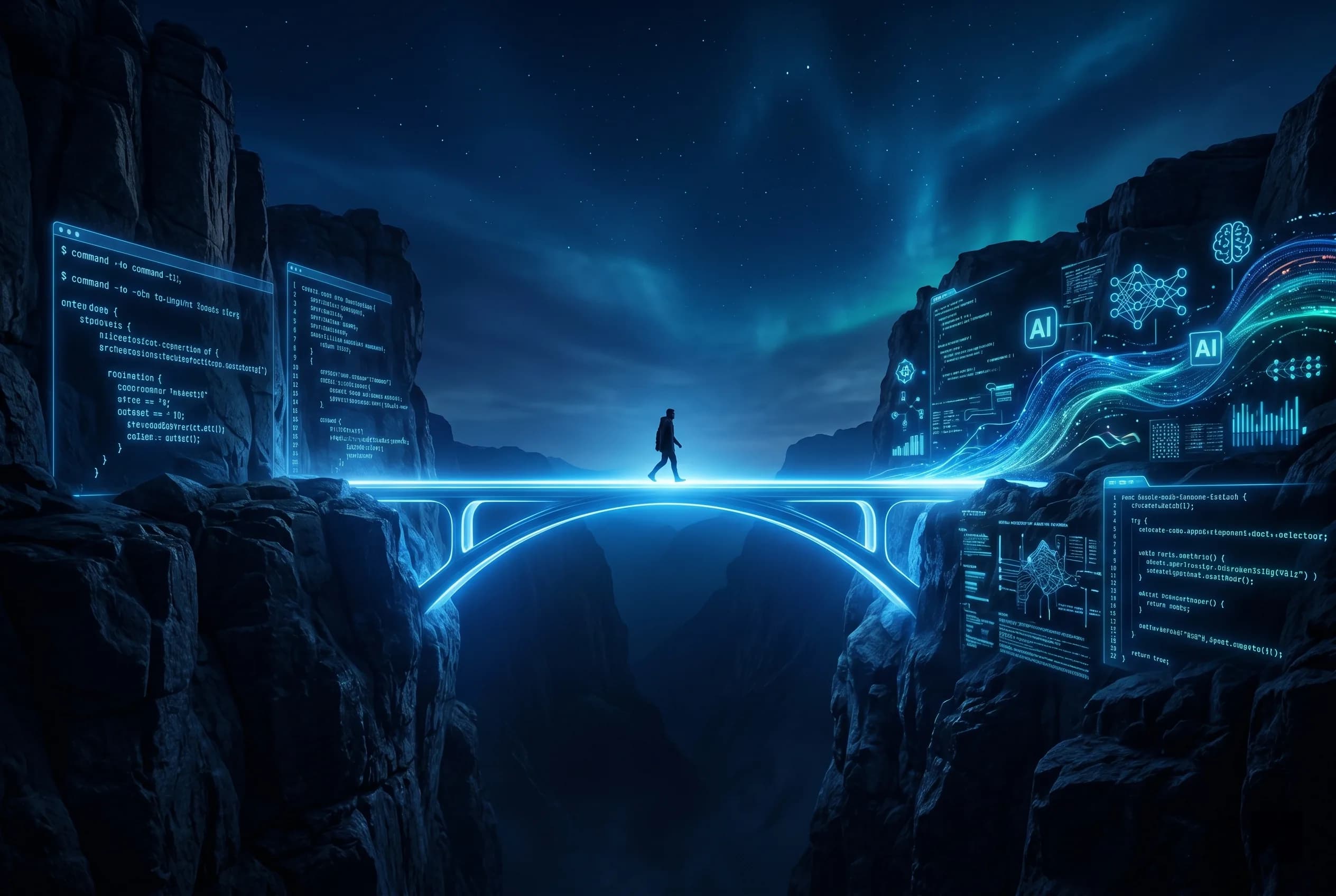 A luminous bridge visualizing the move from classical code workflows to AI-assisted delivery.