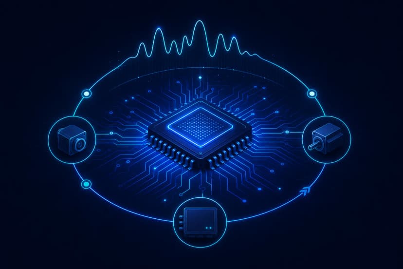 Symbolic embedded-systems visual — microcontroller, signal traces, and validation workflow.