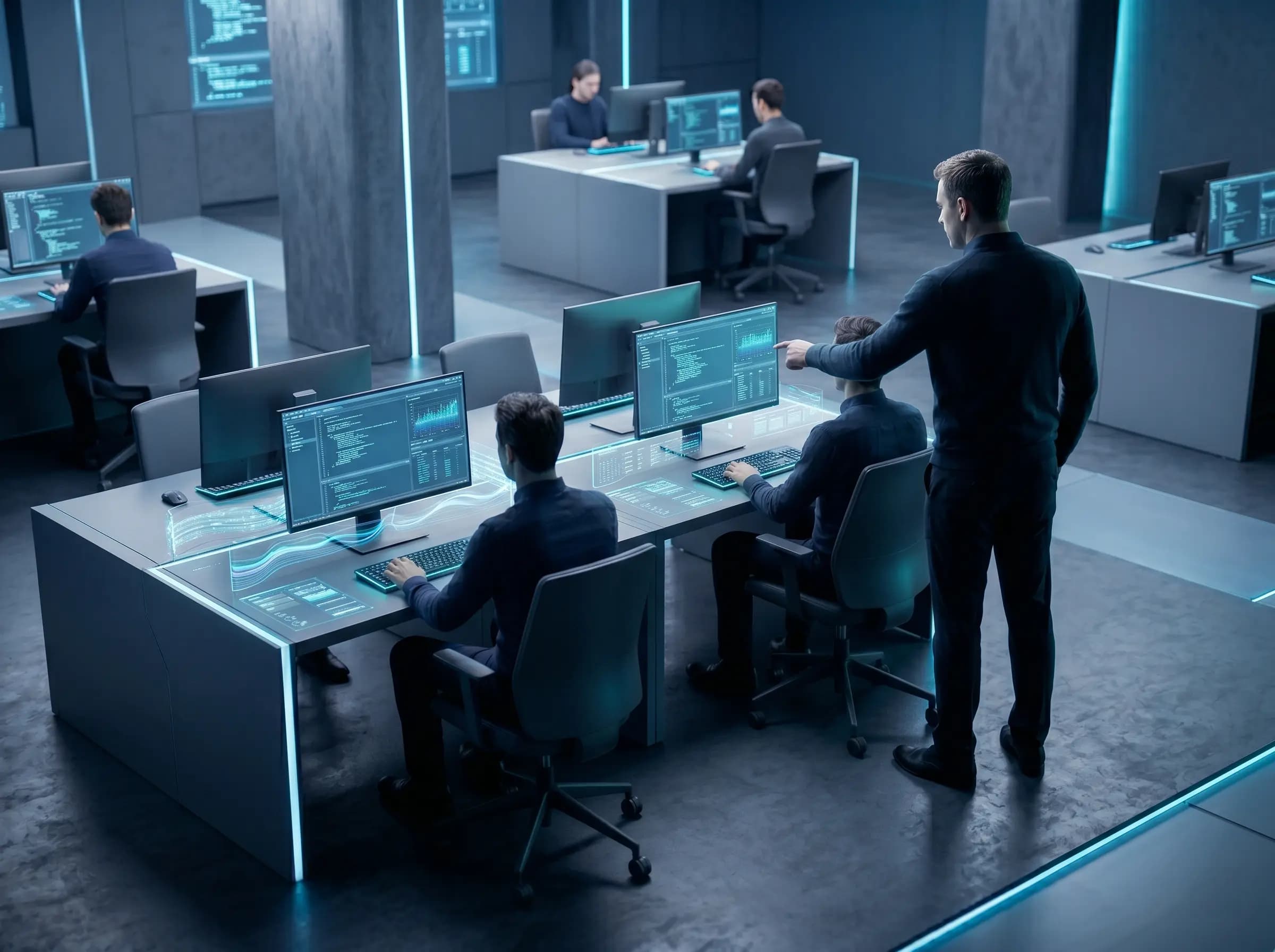 Busy modern studio floor with workstations seen from behind, subtle AI-accented ambient displays and one standing guide silhouette.