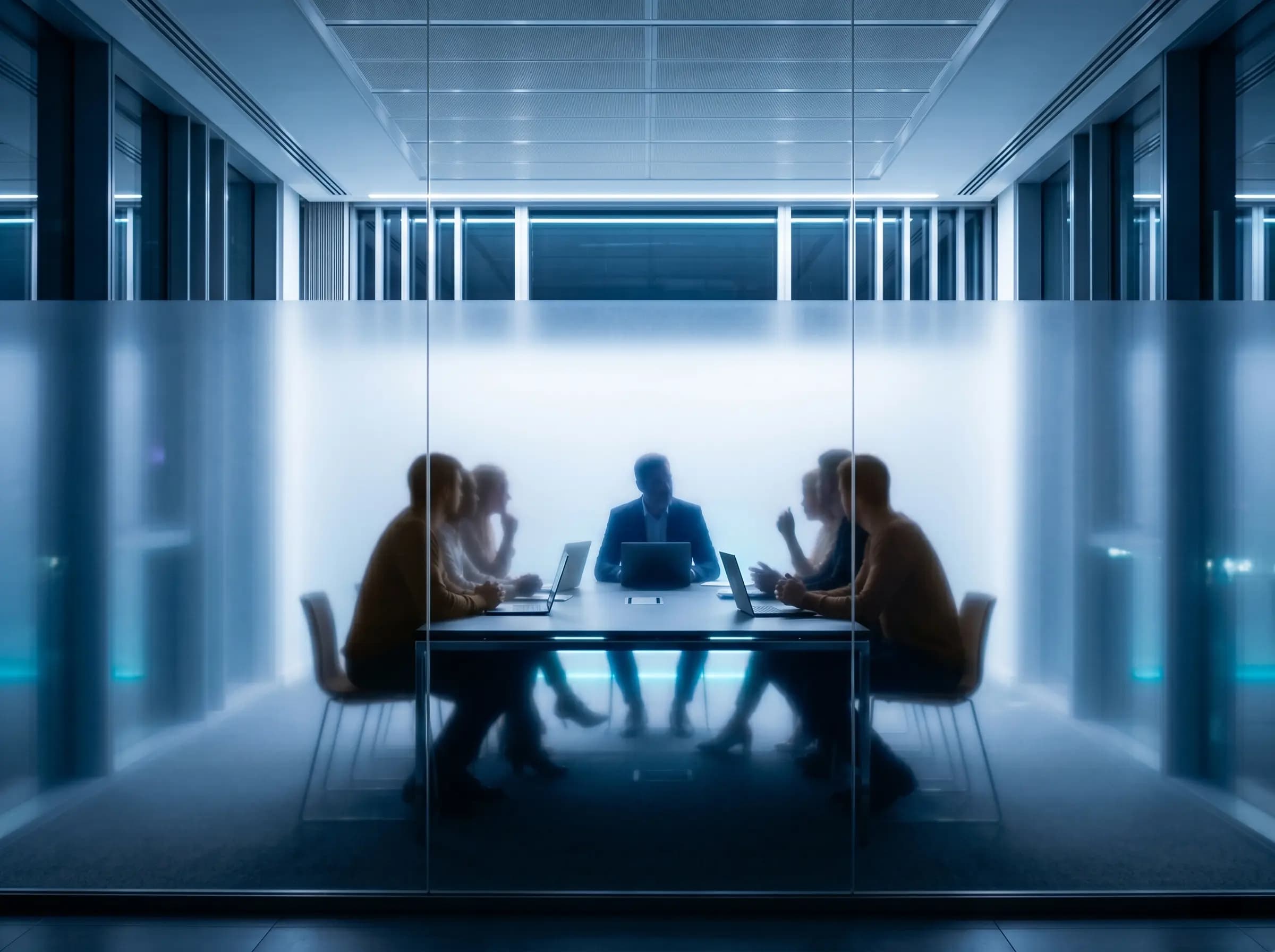 Silhouetted team in discussion behind frosted glass, with one darker figure suggesting an advisor role.